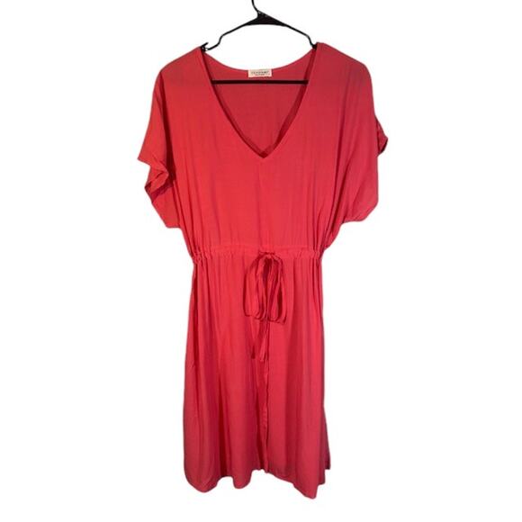 Ekouaer Pink V-Neck Short Sleeve Elastic Waist Drawstring Dress Women Sz L - Picture 1 of 9